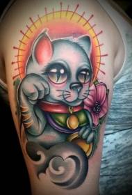 New school color lucky cat and sun tattoo pattern