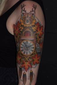 Big arm beautiful colored clock animal and maple leaf tattoo pattern