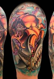 Braț desenat caracatiță colorat și model de tatuaj de rechin