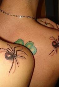 Shoulder realistic 3D spider and green clover tattoo pattern