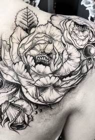 Back engraving style black point flower tattoo pattern