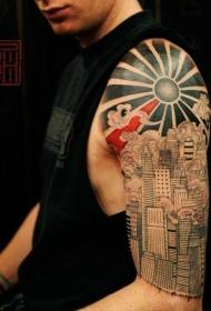 Didelės rankos juoda puošni saulė kartu su miesto tatuiruotės modeliu