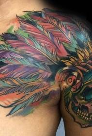 Shoulder colored indian scull with feather helmet tattoo pattern