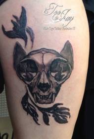 Good looking black gray style cat skull with bird tattoo pattern