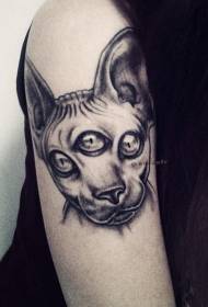 黑灰风格神秘的三眼猫大臂纹身图案