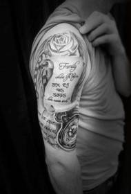 Big arm black gray letters with clock and rose tattoo pattern
