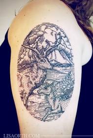 Veľkolepé vyrezávanie v štýle čiernej línie jeleňov tetovania