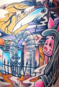 Pola tato babi dan kematian kuburan kartun berwarna-warni