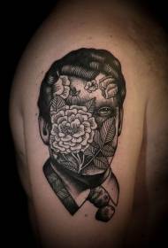 Didelės rankos senosios mokyklos juodo taško portretas su gėlių tatuiruotės modeliu