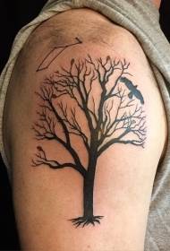 Black tree with shoulders has a few leaves and crow tattoo pattern