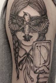 Big arm black line women and bird card tattoo pattern