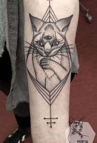 Arm thorn style black mysterious cat with geometric tattoo pattern