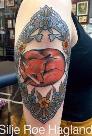 Arm beautiful colored sleeping fox with flowers tattoo pattern