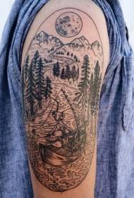 Modèle de tatouage de paysage de forêt gros bras ligne noire