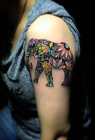 Big arm cute colorful flower combination elephant tattoo pattern