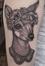 Iso käsivarsi hauska musta harmaa muotokuva peura kukkia tatuointi malli