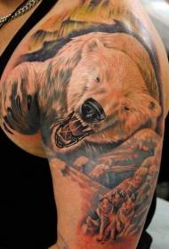 Big arm colored polar bear with dog team tattoo pattern