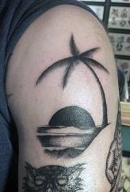 Big arm simple black gray palm tree island tattoo pattern