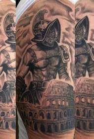 Old fighter black and white roman arena with old fighter tattoo pattern