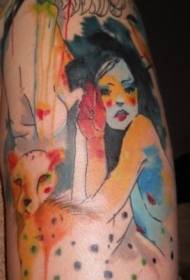Duży piękny wzór akwarela dziewczyna i gepard tatuaż