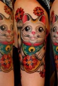 Arm beautiful colorful lucky cat and red flower tattoo pattern