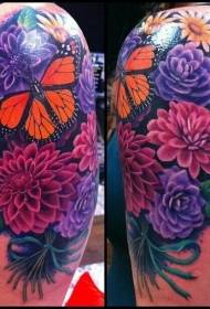Big arm natural nice looking colorful floral butterfly tattoo pattern