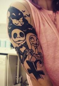 Arm black and white cartoon zombie couple with bat tattoo pattern