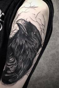 Big arm spectacular engraving style black mysterious crow tattoo pattern