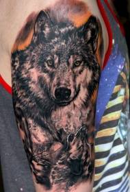 Black wolf group big arm tattoo pattern