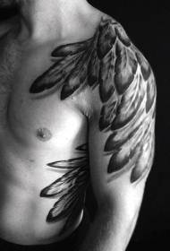 Black and white wings feather tattoo pattern on shoulders and back