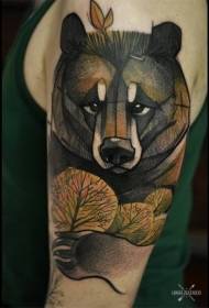 Big arm colored big bear and tree tattoo pattern
