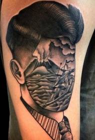 Arm old school portrait with sea landscape tattoo pattern