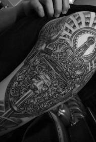 Big arm very beautiful black and white lion shield tattoo pattern