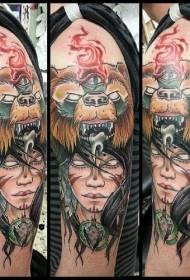 Arm amazing colorful mysterious woman with bear helmet tattoo pattern