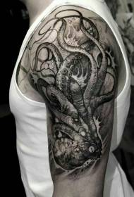 Grutte earm carving styl swarte horror octopus tattoo patroan