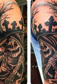Crani de bàndol escocellat en blanc i negre, crani i patró de tatuatge de rellotgeria de cementiri