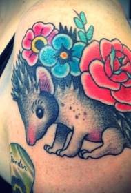 Shoulder cute colored hedgehog flower tattoo pattern