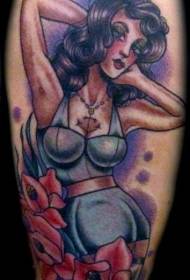 Velha escola mulher sexy com padrão de tatuagem de flores