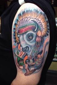 Arm color cartoon indian bison with eyes and smoking tube tattoo pattern