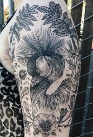Arm black line peacock and wildflower tattoo pattern