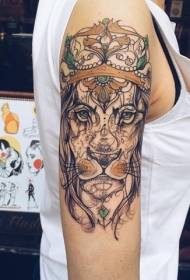 Big arm sketch style colored lion crown tattoo pattern