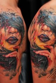 Shoulder watercolor style colorful female portrait tattoo pattern