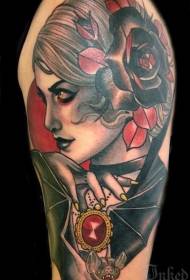 Big arm color mysterious woman portrait with flower tattoo pattern