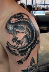 Shoulder black gray cute crocodile tattoo pattern