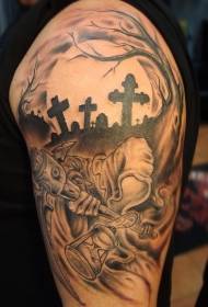 Arm scary dark tomb with monster ghost tattoo pattern