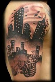 大臂黑色囚犯选手和夜晚的城市纹身图案