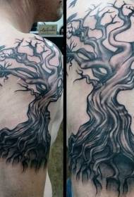 Olkapää musta harmaa yksinäinen puu tatuointi malli