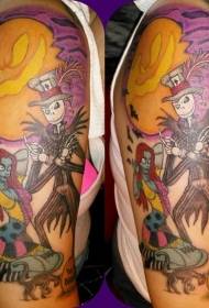 Arm colored zombie couple and pumpkin with bat tattoo pattern