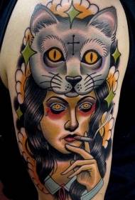 Big arm new school color mystery smoking female and cat helmet tattoo pattern
