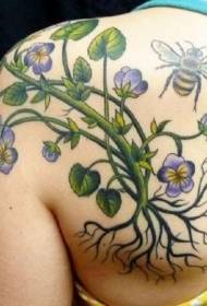 Back colored flowers and bee tattoo pattern